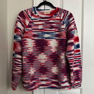 Vintage 70s/80s Handmade Space Dye Knit Sweater Red White Blue‎ Varicose |Boho